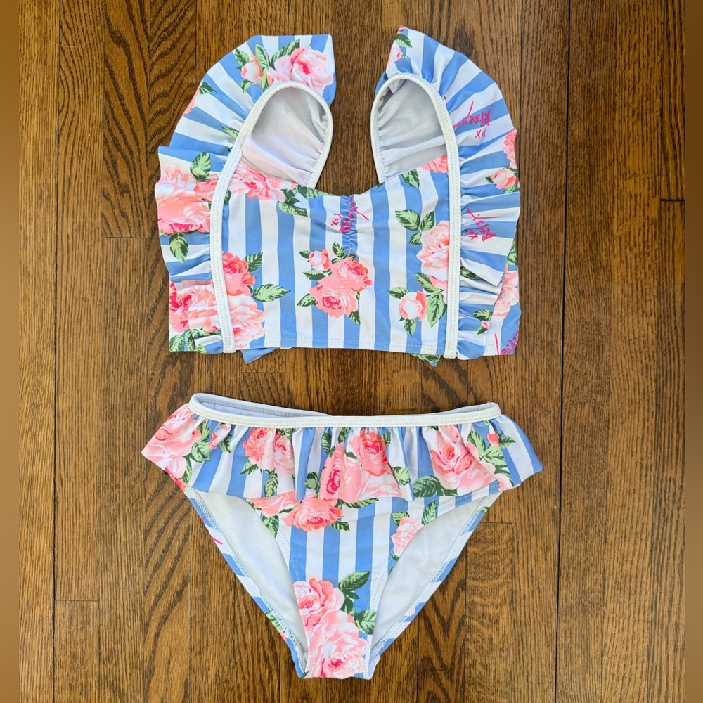 Betsey Jonhson Girl Ruffle Bikini with blue stripes and flowers Size: 8